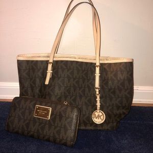 Michael Kors medium brown/tan purse + wallet